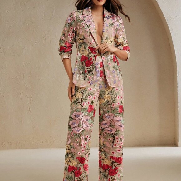 Multicolor Elegant Women's Hollow Out Print Blazer Collar Set